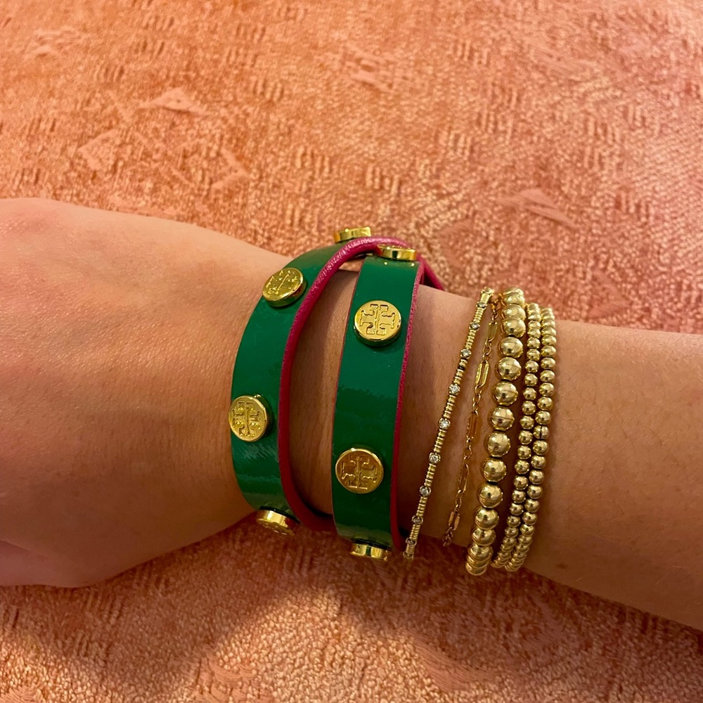 Tory Burch Green and Pink Double Wrap Logo Bracelet with Gold Accents